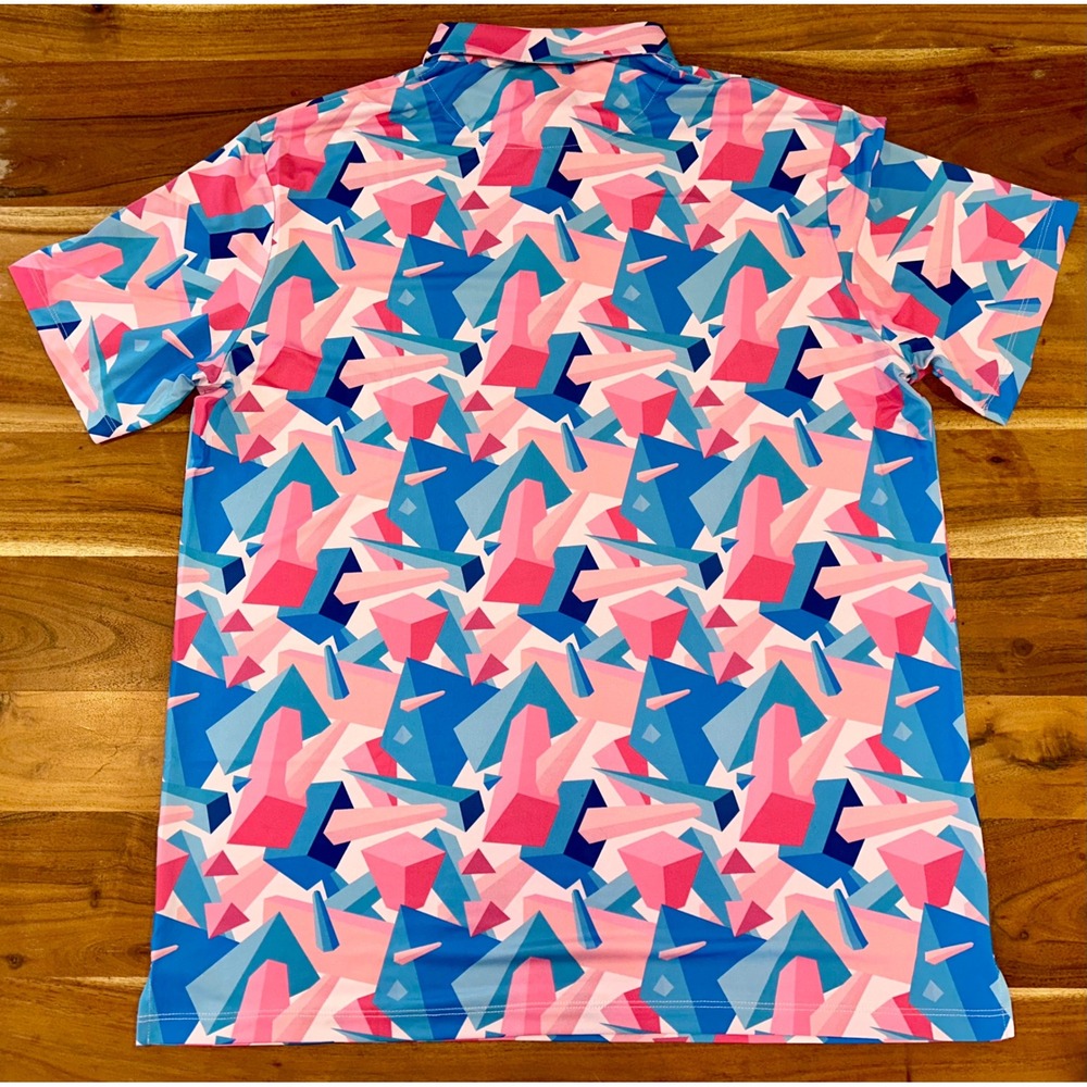Pins & Aces Men XL Pink Blue Geometric Crystal Print Performance Golf Polo Shirt - Picture 7 of 7